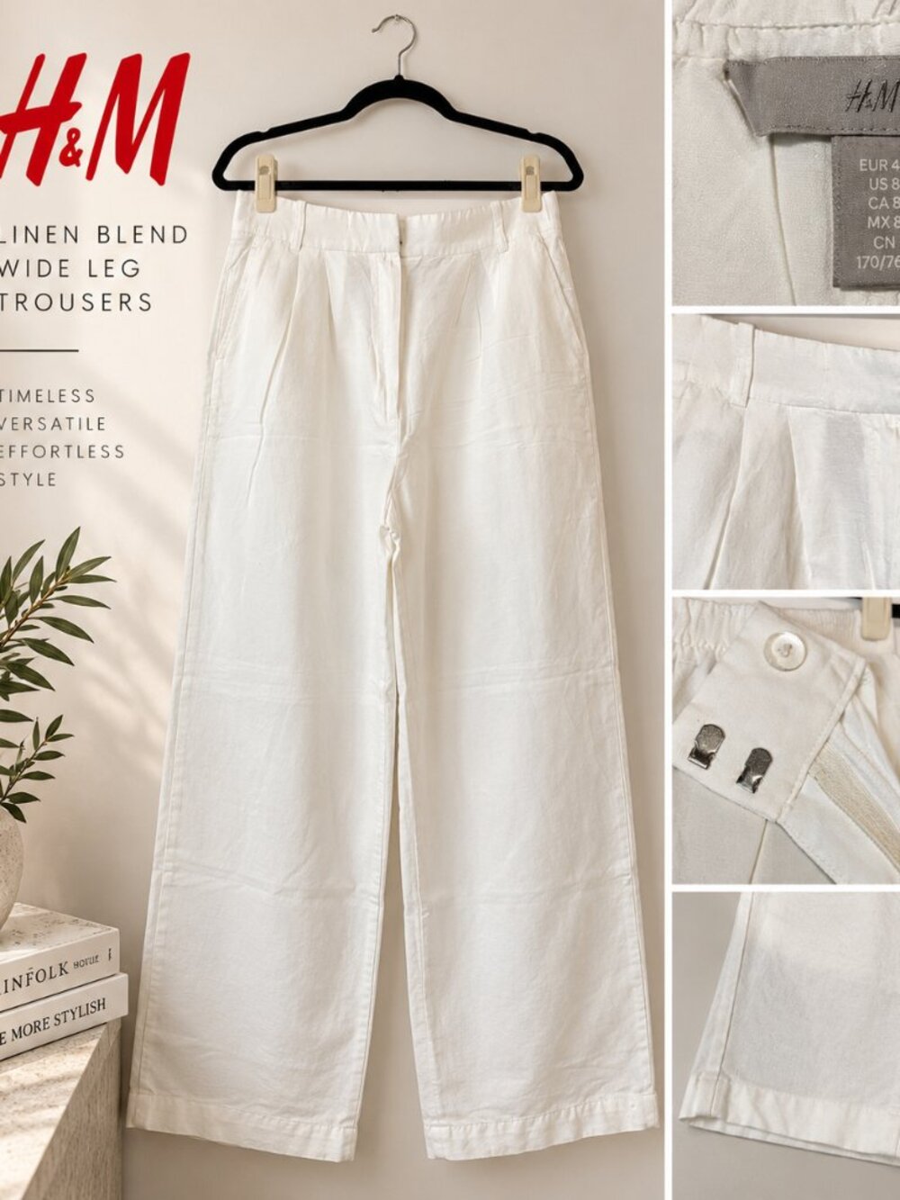 H&M White Linen Blend Wide Leg Pants Size 8